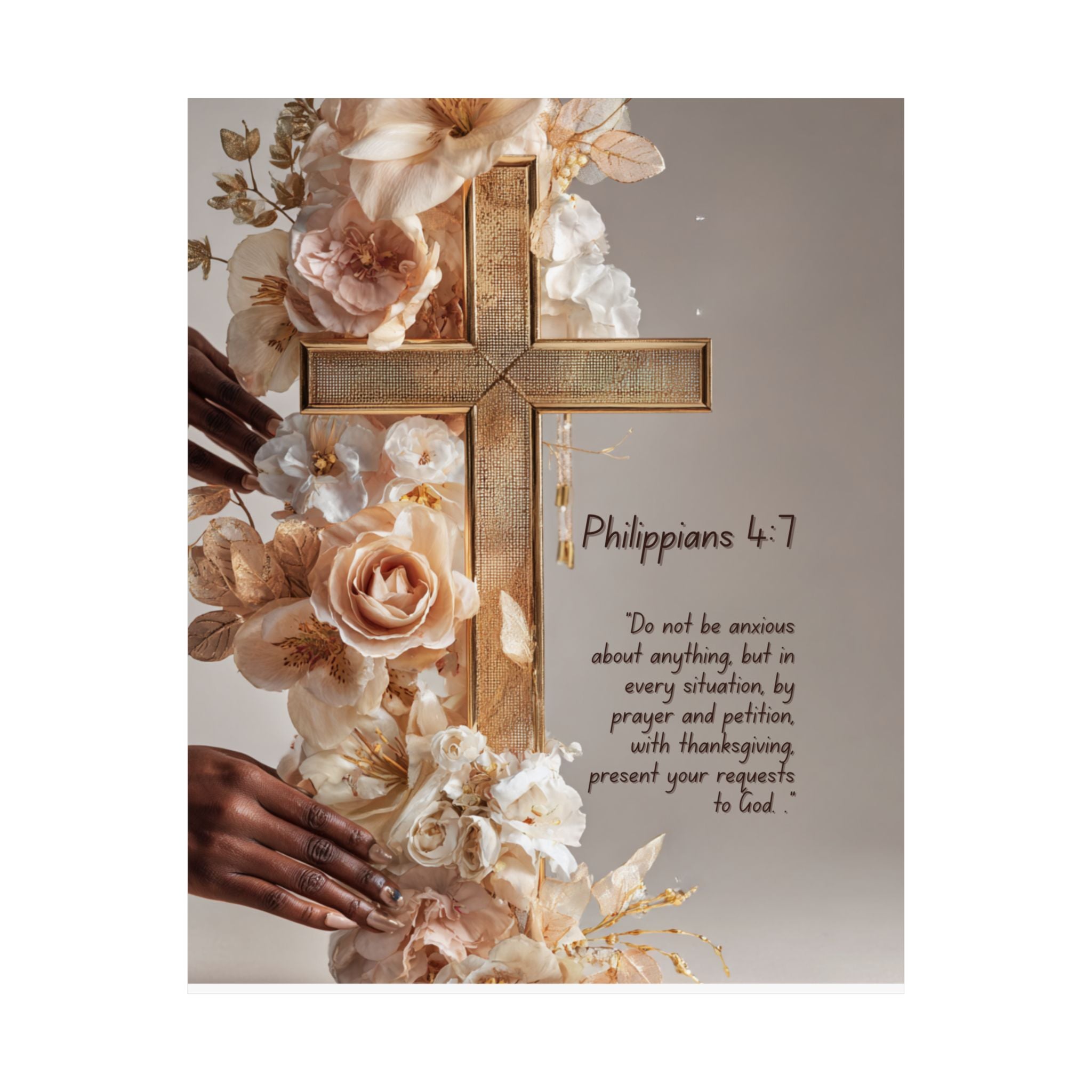 Philippians 4:7 Matte Vertical Poster — Floral Cross Prayer Wall Art