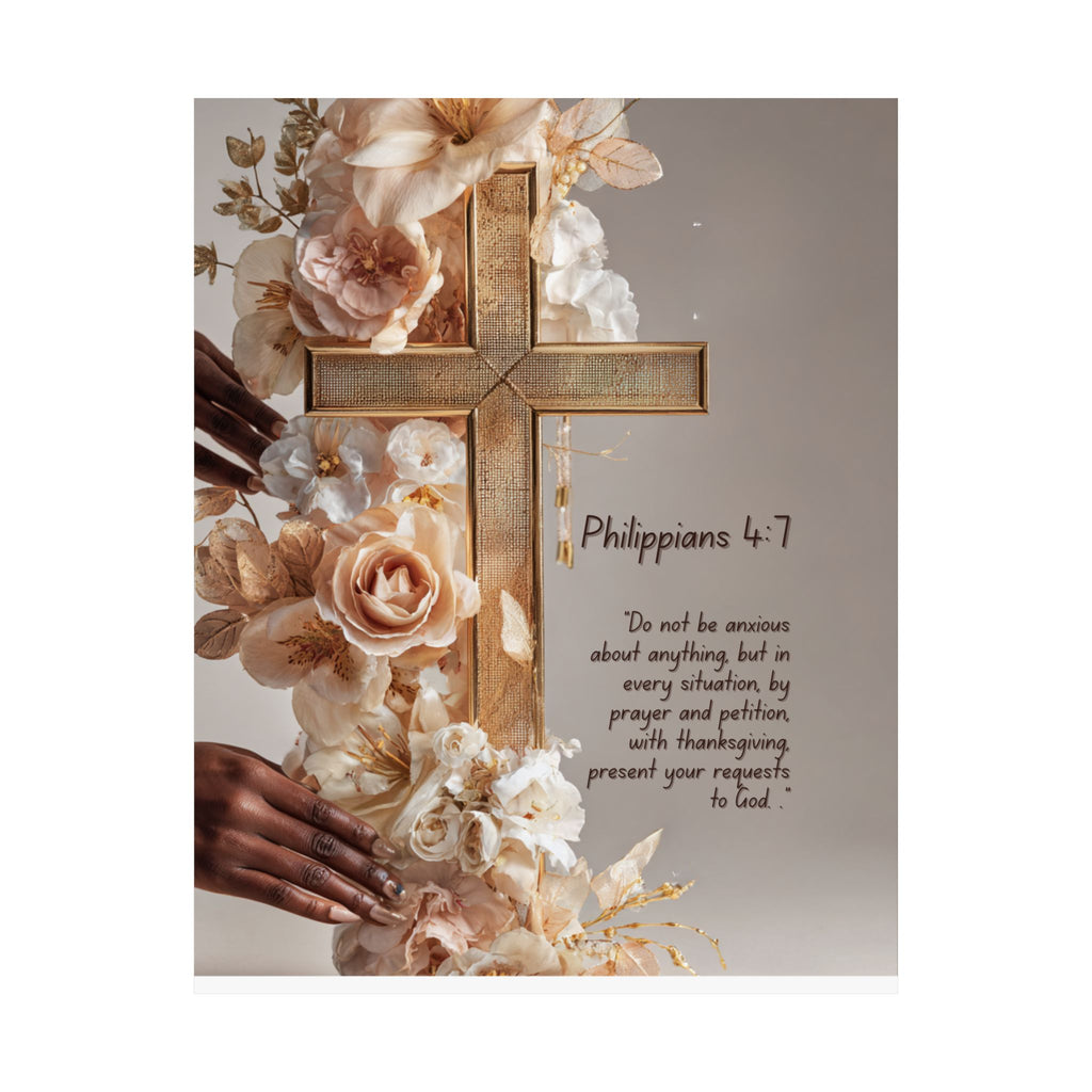 Philippians 4:7 Matte Vertical Poster — Floral Cross Prayer Wall Art
