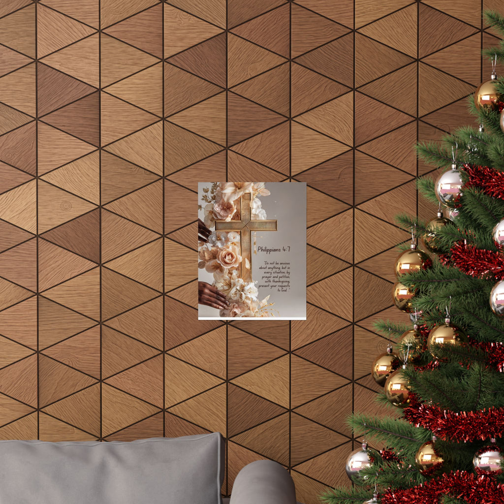 Philippians 4:7 Matte Vertical Poster — Floral Cross Prayer Wall Art