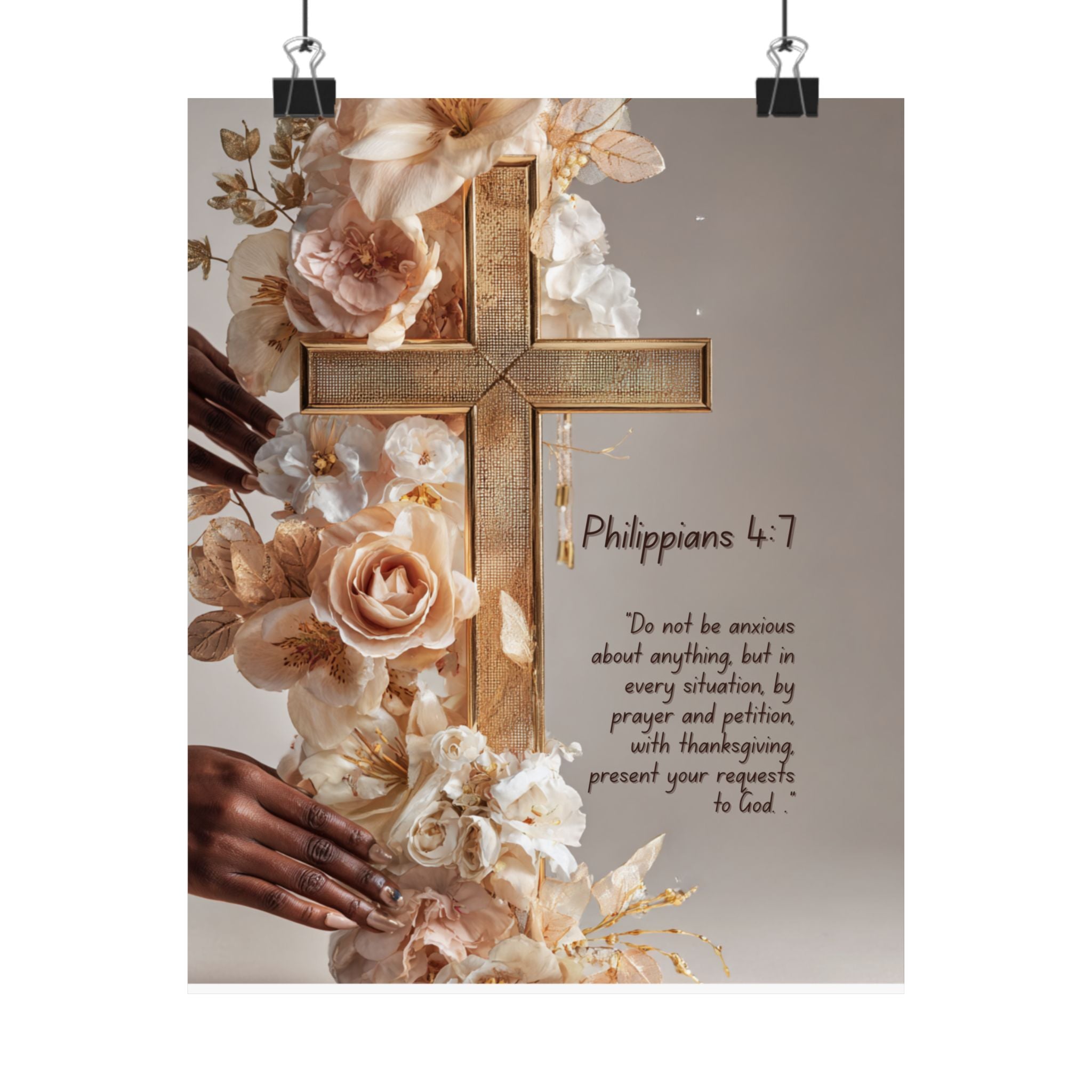 Philippians 4:7 Matte Vertical Poster — Floral Cross Prayer Wall Art