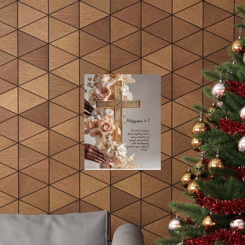 Philippians 4:7 Matte Vertical Poster — Floral Cross Prayer Wall Art
